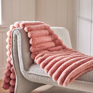 NEW Tipped Puffer Faux Fur Throw Blanket - 60 x 70 - Peach, By Anthropologie